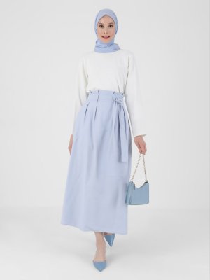 Sky Blue Paper Bag Detaylı Kuşaklı Etek