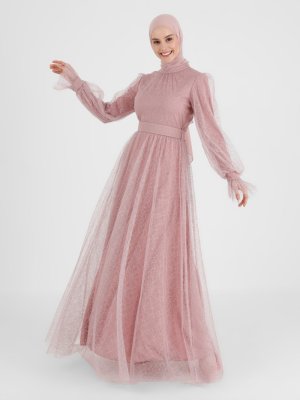 Pembe Desenli Tül Ve Kemer Detaylı Simli Abiye Elbise Pembe Desenli Tül Ve Kemer Detaylı Simli Abiye Elbise