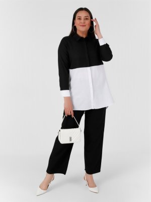 Büyük Beden Gizli Düğmeli Garnili Tunik Siyah Beyaz