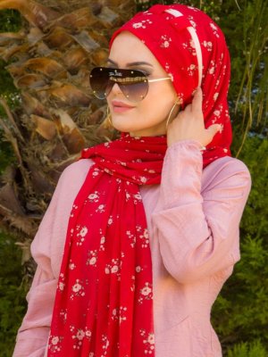 Kırmızı Çiçekli Biritli Hazır Şal
