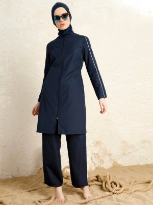 Lacivert Arabiyeli Tam Kapalı Mayo