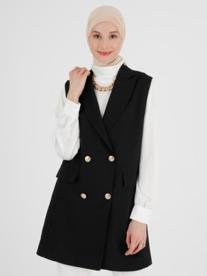 Siyah Düğme Detaylı Şık Yelek