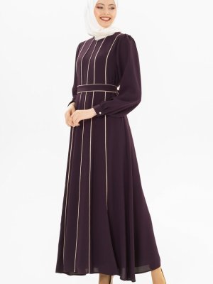 Mor / Pudra Biye Detaylı Elbise