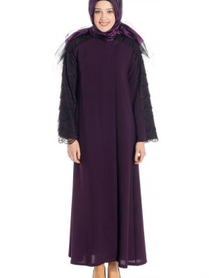 Mor Gizli Fermuarlı Dantelli Ferace