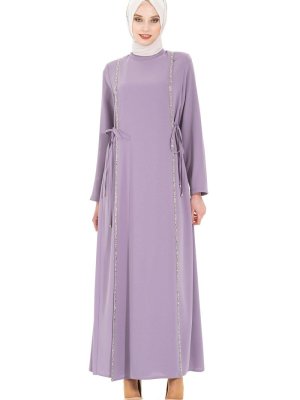 Lila Taş Şeritli Elbise