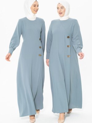 Mint Mavi Düğme Detaylı Elbise