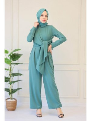 Mint Kuşak Detaylı Krep Kumaş Tulum Mint Kuşak Detaylı Krep Kumaş Tulum
