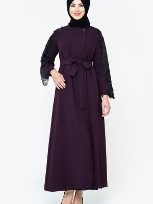 Mürdüm Gizli Fermuarlı Dantelli Ferace