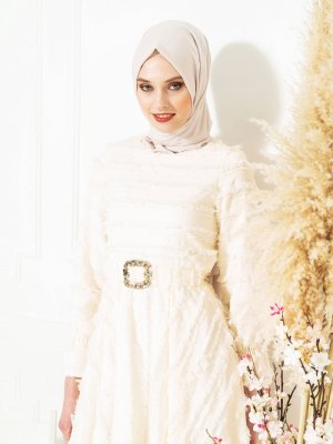 Krem Saçaklı Abiye Elbise