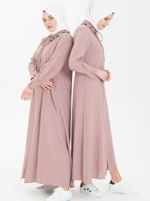 Pudra Fıfrır Gömlek Yakalı Ferace Pudra Fıfrır Gömlek Yakalı Ferace