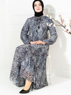 Gri Leopar Desenli Elbise