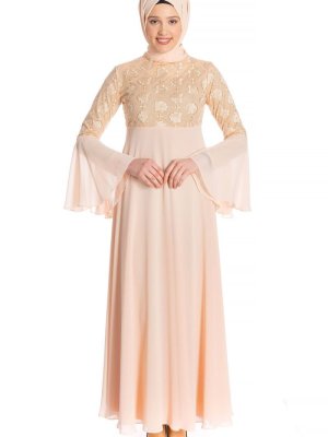 Pudra Kolyeli Dantelli Abiye Elbise