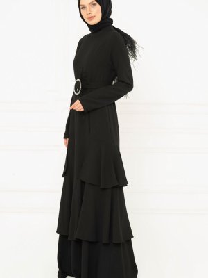 Siyah Volan Detaylı Abiye Elbise