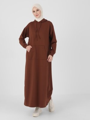 Koyu Kahve Kanguru Cepli Kapüşonlu Elbise