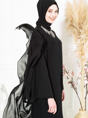 Siyah Yakası Kristal Taş Şeritli Abiye Ferace Siyah Yakası Kristal Taş Şeritli Abiye Ferace