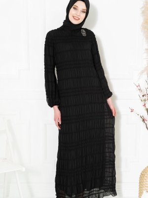 Siyah Şifon Tül Detaylı Fırfırlı Elbise Siyah Şifon Tül Detaylı Fırfırlı Elbise