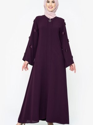 Mor Nakışlı Fermuarlı Ferace