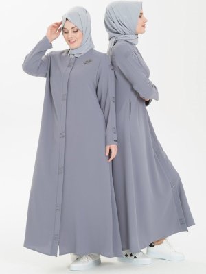 Gri Boncuk İşlemeli Nervür Detaylı Ferace