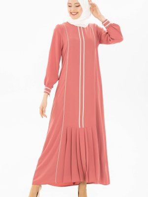 Gül Kurusu Pile Ve Biye Detaylı Elbise