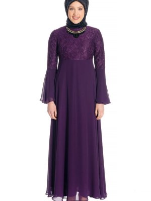 Mor Kolyeli Dantelli Abiye Elbise