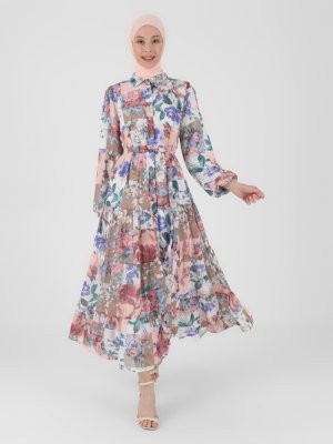 Pudra Kahverengi Patchwork Desenli Şifon Elbise Pudra Kahverengi Patchwork Desenli Şifon Elbise
