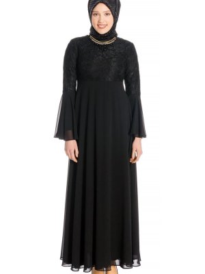 Siyah Kolyeli Dantelli Abiye Elbise