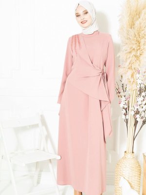 Pudra Yapıştırma Taş Detayı Olan Elbise