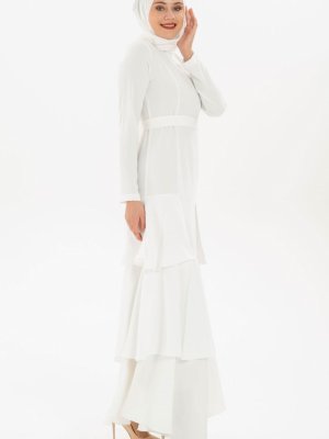 Krem Volan Detaylı Abiye Elbise