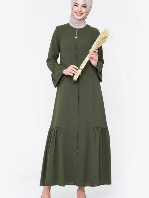 Haki Fermuarlı Biye Detaylı Ferace
