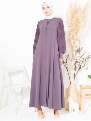 Lila Kolları Pilise Detaylı Fermuarlı Ferace