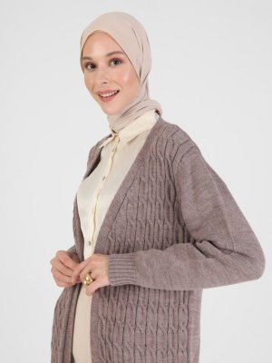 Vizon Saç Örgülü Uzun Triko Hırka