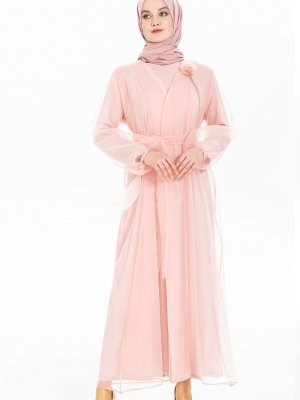 Pudra Organze Kuşaklı Abaya Takım Pudra Organze Kuşaklı Abaya Takım