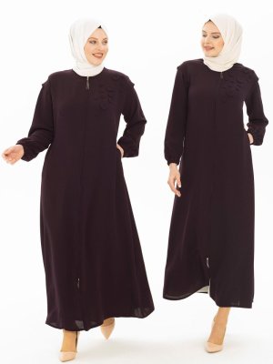 Mürdüm Düğme Detaylı Ferace