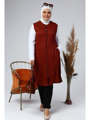 Kiremit Petek Kumaş Cepli Fermuarlı Düğmeli Yelek