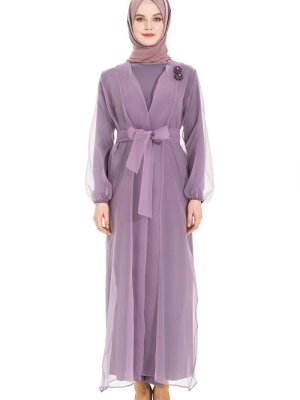 Lila Organze Kuşaklı Abaya Takım Lila Organze Kuşaklı Abaya Takım