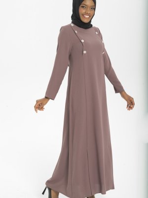 Kahve Taş Düğme Detaylı Elbise