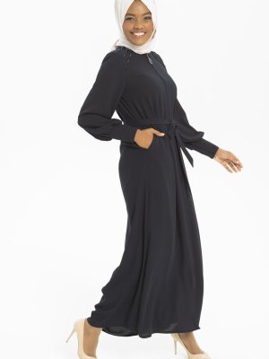 Lacivert Boncuk İşlemeli Ferace