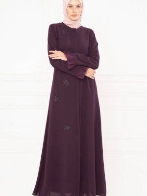 Mürdüm Tül Detaylı Taş İşlemeli Ferace