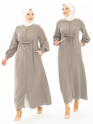 Gri Bağcığı Taşlı Ferace