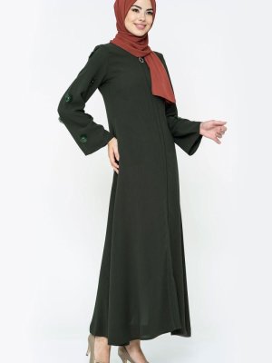 Haki Nakışlı Fermuarlı Ferace