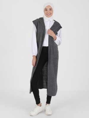 Antrasit Kapüşonlu Triko Yelek