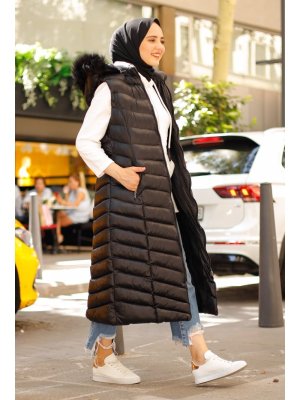 Siyah Uzun Yakasi Kürklü Dolgu Yelek