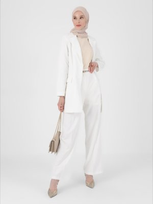 Off White Pileli Klasik Kumaş Pantolon Off White Pileli Klasik Kumaş Pantolon