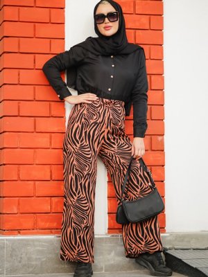 Zebra Desenli Salaş Pantolon Siyah Somon Zebra Desenli Salaş Pantolon Siyah Somon