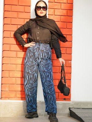 Zebra Desenli Salaş Pantolon Siyah İndigo Zebra Desenli Salaş Pantolon Siyah İndigo