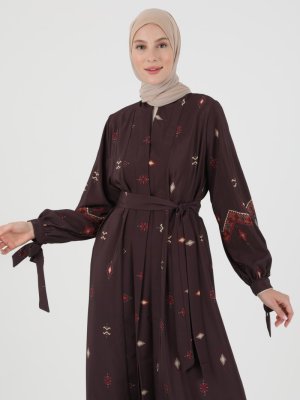 Kahve Etnik Desenli Bağlama Detaylı Abaya Ferace Kahve Etnik Desenli Bağlama Detaylı Abaya Ferace