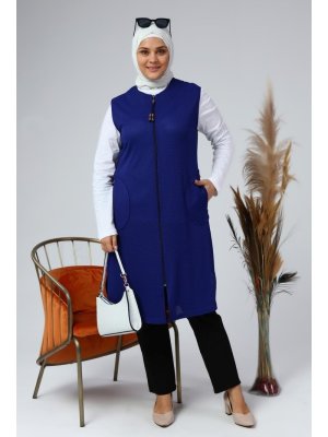 Petek Kumaş Cepli Fermuarlı Düğmeli Yelek Saks Mavisi