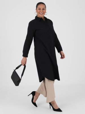 Siyah Büyük Beden Doğal Kumaşlı Gizli Düğmeli Tunik