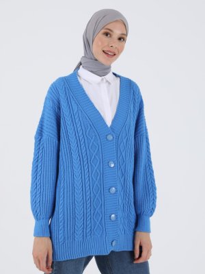 Derin Mavi Desenli Düğme Detaylı Hırka