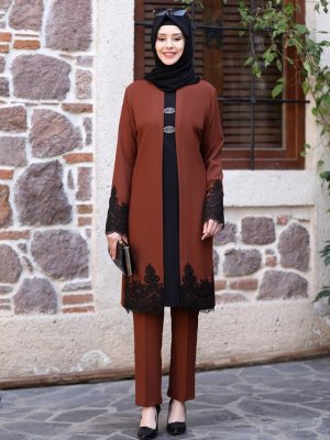 Kahverengi Sema Tunik & Pantolon İkili Abiye Takım Kahverengi Sema Tunik & Pantolon İkili Abiye Takım